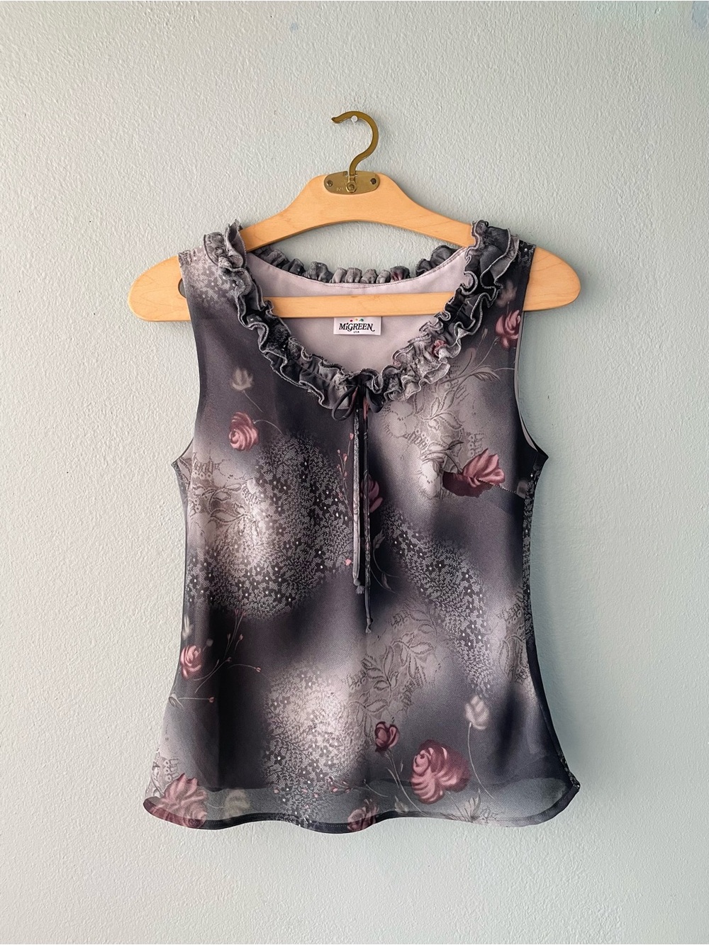 Migreen | 80s 90s Gray Floral Whimsigoth Tank Blouse | Whimsical Fairycore
